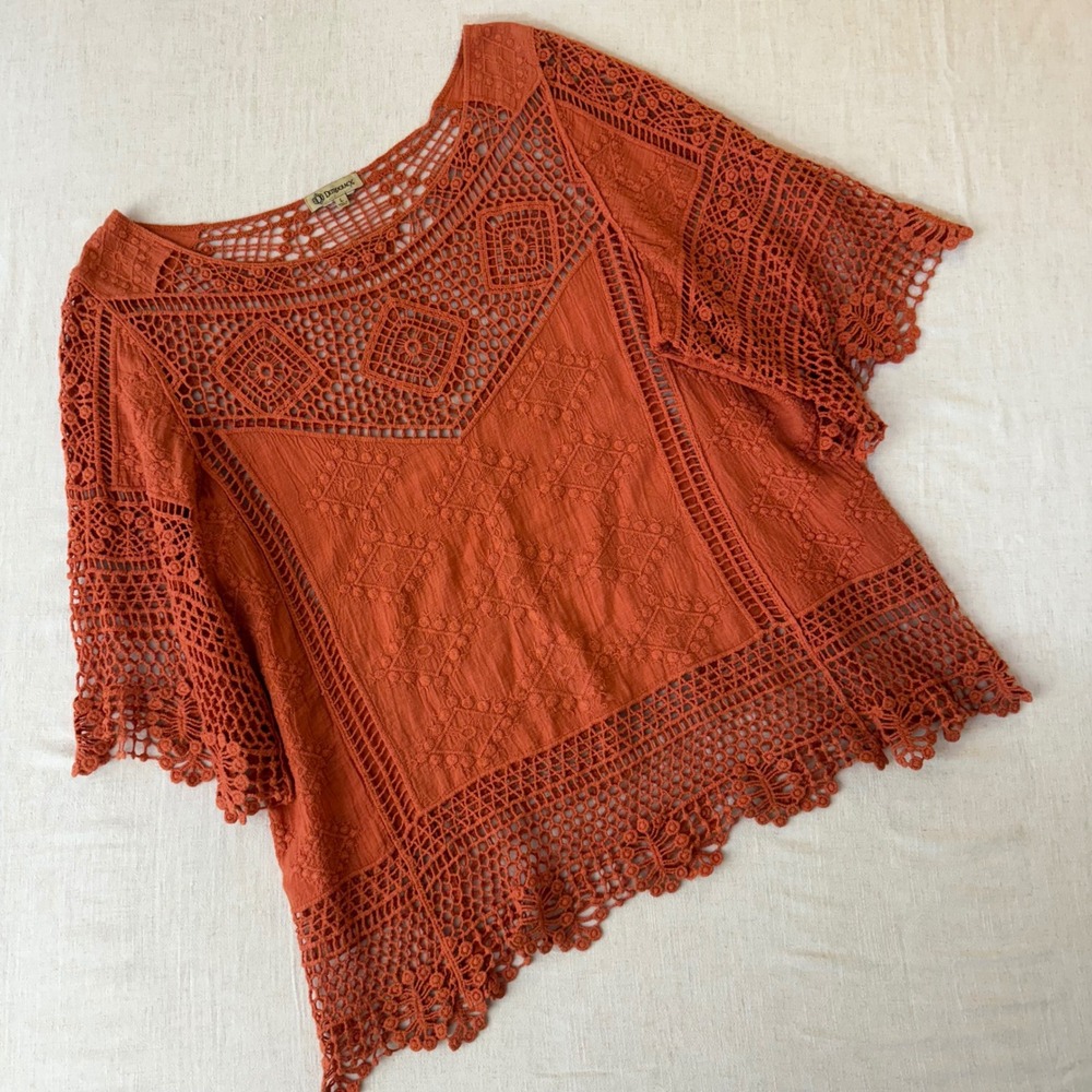 Democracy Womens Rust Orange Crochet Lace Boho Embroidered Blouse Top Large